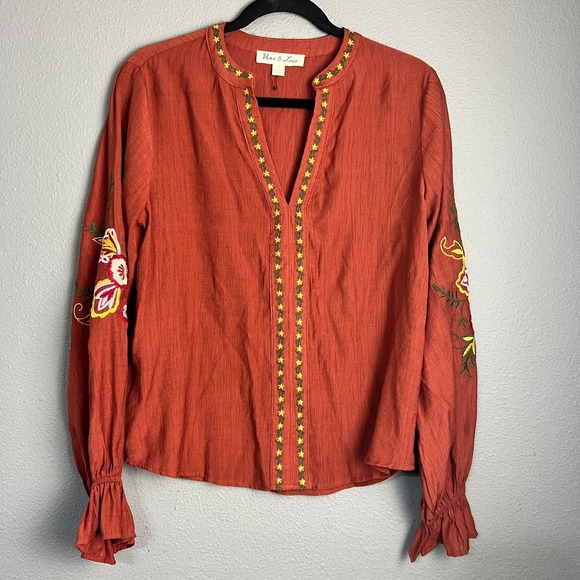 Vine & Love Embroidered Blouse Floral Flowy Peasant Top Long SL Rust Orange‎ S - Picture 1 of 10